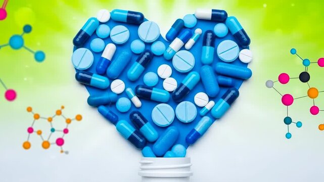 Blue heart shaped pills and capsules pouring from a bottle, surrounded by chemical structures for medicine and healthcare concept