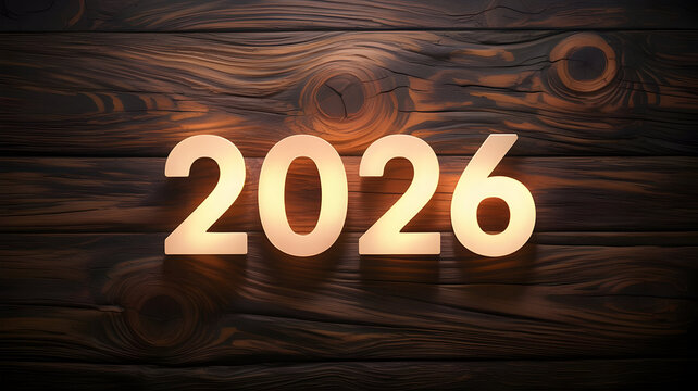 Glowing number 2026 sign made of light on a dark rustic wooden background