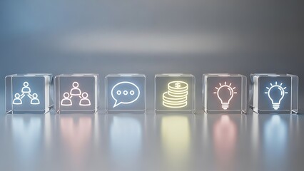 Illuminated glass cubes displaying business concepts like teamwork communication finance and ideas on a reflective surface representing strategy and innovation