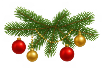 Christmas fir tree decorated branch with red and gold baubles and bead garland, festive winter holiday season element