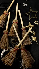 Witch brooms and magical symbols on black background occult charms, moon, stars and pentagram for mystical rituals and witchcraft