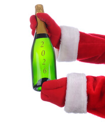 Santa Claus outstretched arms holding a Champagne Bottle for New Years 2026 in both hands, isolated on white