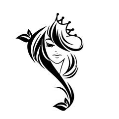 Elegant Woman Face Beauty Logo with Crown and Leaf Hair Design