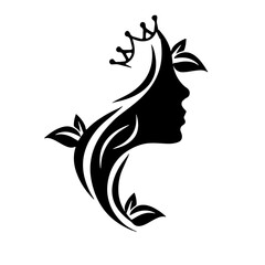 Woman Silhouette Beauty Logo with Crown and Leaf Elements
