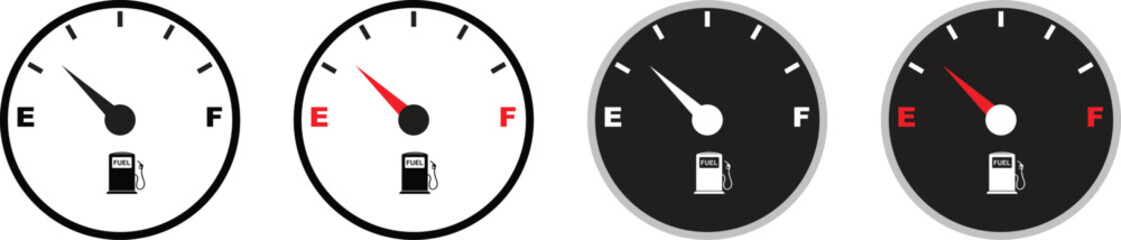 Set of fuel gauge meter icons with full and empty indicator signs. Car dashboard elements showing petrol level. Automotive gas symbol. Vector illustration isolated on transparent background.