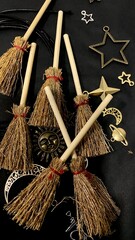 Witch brooms and magical symbols on black background occult charms, moon, stars and pentagram for mystical rituals and witchcraft