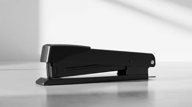 Black stapler rotating on a white surface, office supply in motion, detailed product shot,