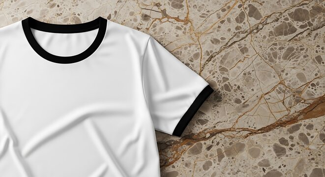 Plain white ringer tshirt with black collar and sleeve bands, displayed on a sophisticated marble surface, perfect for custom apparel mockups