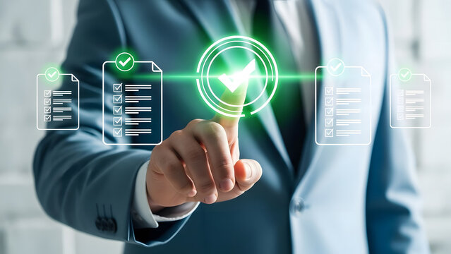 Business man approving digital document with checkmark icon