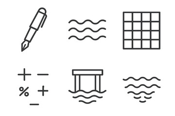 Waterfront Pen Icons. Line style icons of pen at waterfront equations: fountain pen, wave line, geometric grid, number symbols,