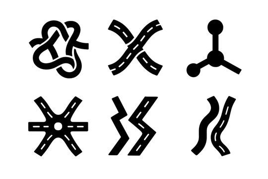Chaotic Travel Icons. Solid style icons of chaotic travel networks: twisting junction, bouncing crossroad, swaying node, shifting