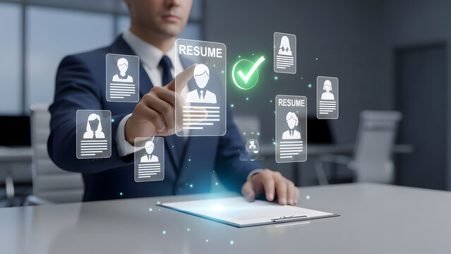 Recruiting businessman selects candidate from digital candidates interface