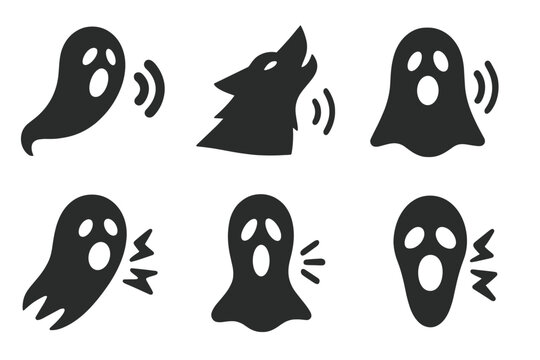 Foreboding Vocal Icons. Solid style icons of foreboding vocal motifs: wailing shadow, dark howl, twilight call, dusky shout,