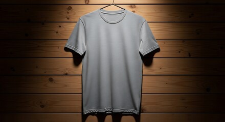 A plain grey tshirt hangs on a metal hanger against a rustic wooden plank wall, illuminated by a spotlight, perfect for apparel mockups or casual fashion themes