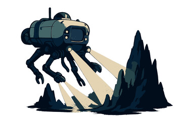 Robotic Deep-Sea Exploration. a robotic submersible equipped with multiple arms and light beams scanning abyssal structures,