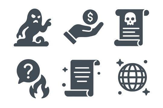 Ethereal Declarations Icons. Solid style icons of ethereal final declarations: shadowy ultimatum, dusky offer, dark term, dim