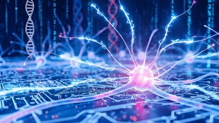 Neuron sending electrical impulses over circuit board, digital matrix and dna strands, representing artificial intelligence and bio computing concept - Powered by Adobe