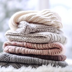 a stack of cozy knit sweaters in various neutral tones, including cream, beige, grey, and taupe. with the bokeh effect