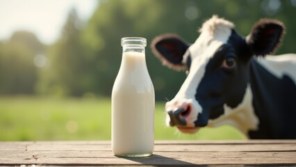 Glass milk bottle mockup on wooden table with black and white cow in background, rustic natural dairy product