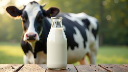 Glass milk bottle mockup on wooden table with black and white cow in background, rustic natural dairy product