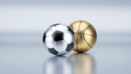 Naklejka premium A striking surreal composition featuring a silver football and a golden basketball side by side. The contrasting metallic textures create a bold, modern, and luxurious aesthetic.