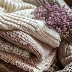 a stack of cozy knit sweaters in various neutral tones, including cream, beige, grey, and taupe. with the bokeh effect