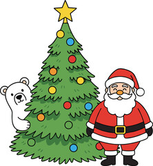 Christmas scene, Santa Claus, decorated tree, white bear, holiday celebration, festive characters, colorful ornaments, flat vector illustration