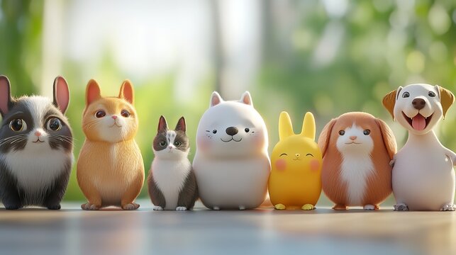 A row of cute cartoon animal figures including cats dogs and a pikachu on a surface outdoors