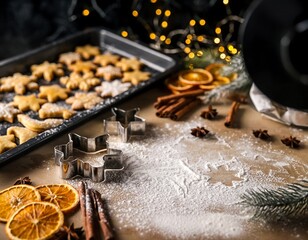 Cozy holiday baking scene with freshly made gingerbread cookies, star-shaped cutters, and festive spices
