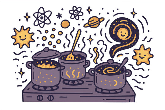 Interdimensional Kitchen Bliss. Charming doodle vector of interdimensional kitchen filled with glowing pots, atoms, and cheerful