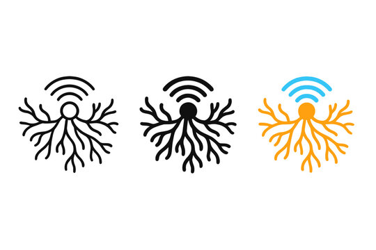 Mycelium Signal Network. Network of mycelium strands radiating signal waves outward from central hub, first in line style with