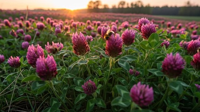 Blooming clover field at sunset with bees and purple blossoms, ideal for spring concepts