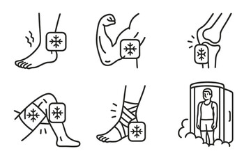 Obraz premium Cryotherapy for Athletes. Line style icons of cryotherapy for sports injuries: twisted ankle treatment, sore muscle cryo, joint