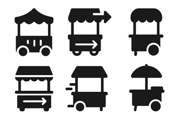 Animated Market Icons. Solid style icons of animated market frameworks: dynamic pavilion, moving kiosk, kinetic stall, rotating