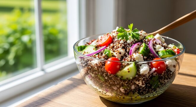 Delicious quinoa salad with vegetables and feta cheese - Powered by Adobe