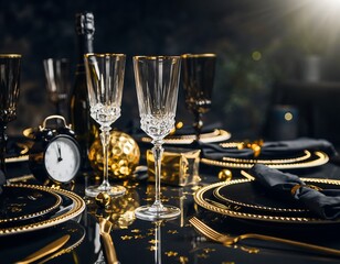 Elegant New Year's Eve table setting with black and gold decor and champagne glasses ready for a midnight toast