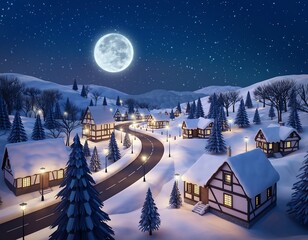 Peaceful winter wonderland scene with a snow-covered village glowing under a bright full moon at night
