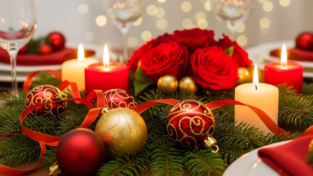 Elegant Christmas Table Setting with Red Roses, Candles, and Ornaments