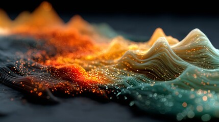 Mesmerizing visualization of data streams flowing as luminous particles across a dark undulating digital landscape