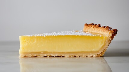 A slice of lemon tart rests on a marble surface