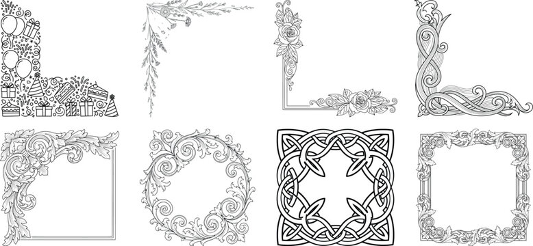 Collection of decorative floral and celtic borders and frames in black and white isolated on transparent background