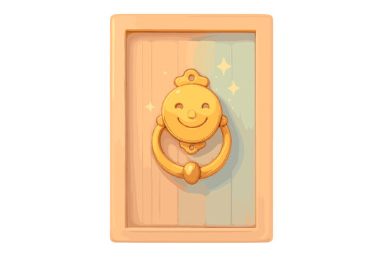 Sparkling Door Knocker. A smiling doorknocker casting tiny sparkles on a friendly door, soft harmonious pastel palette, No text,