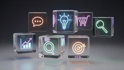 Glowing icons representing business concepts such as ideas sales communication and growth encased in transparent cubes against a dark gradient background