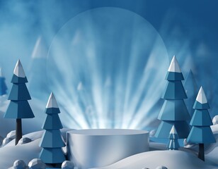 A serene 3D winter landscape featuring a product display podium surrounded by snowy pine trees and illuminated by magical light