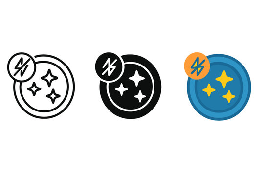 Lens Capturing Stars. Camera lens icon capturing stars while blocking artificial light glare, first in line style with thin