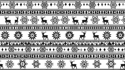 Black and white seamless pattern with reindeer, snowflakes, and geometric shapes in a traditional Nordic or Fair Isle style, ideal for winter and holiday designs. © Wisnu505