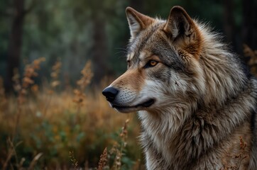 Close-up portrait of wolf in autumn woods
