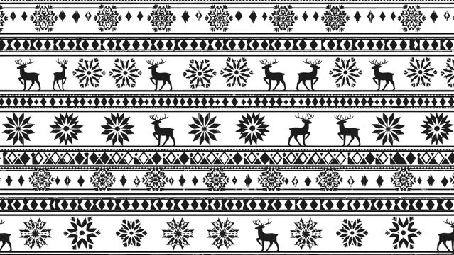 Black and white seamless pattern with reindeer, snowflakes, and geometric shapes in a traditional Nordic or Fair Isle style, ideal for winter and holiday designs.