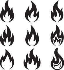 Collection of nine stylized black silhouette flame icons representing different shapes and intensities of fire on a white background