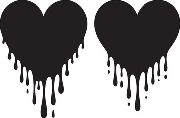 Two black dripping heart shapes isolated on a white background representing love loss or emotional pain with a grunge artistic style